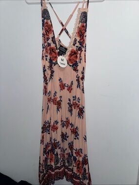 Floral Maxi Dress - Peach Pink with Navy Roses